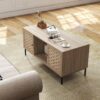 Elegant Veener Weaving Design Coffee Table With 4 Sliding Doors - Natural Wood - Image 9