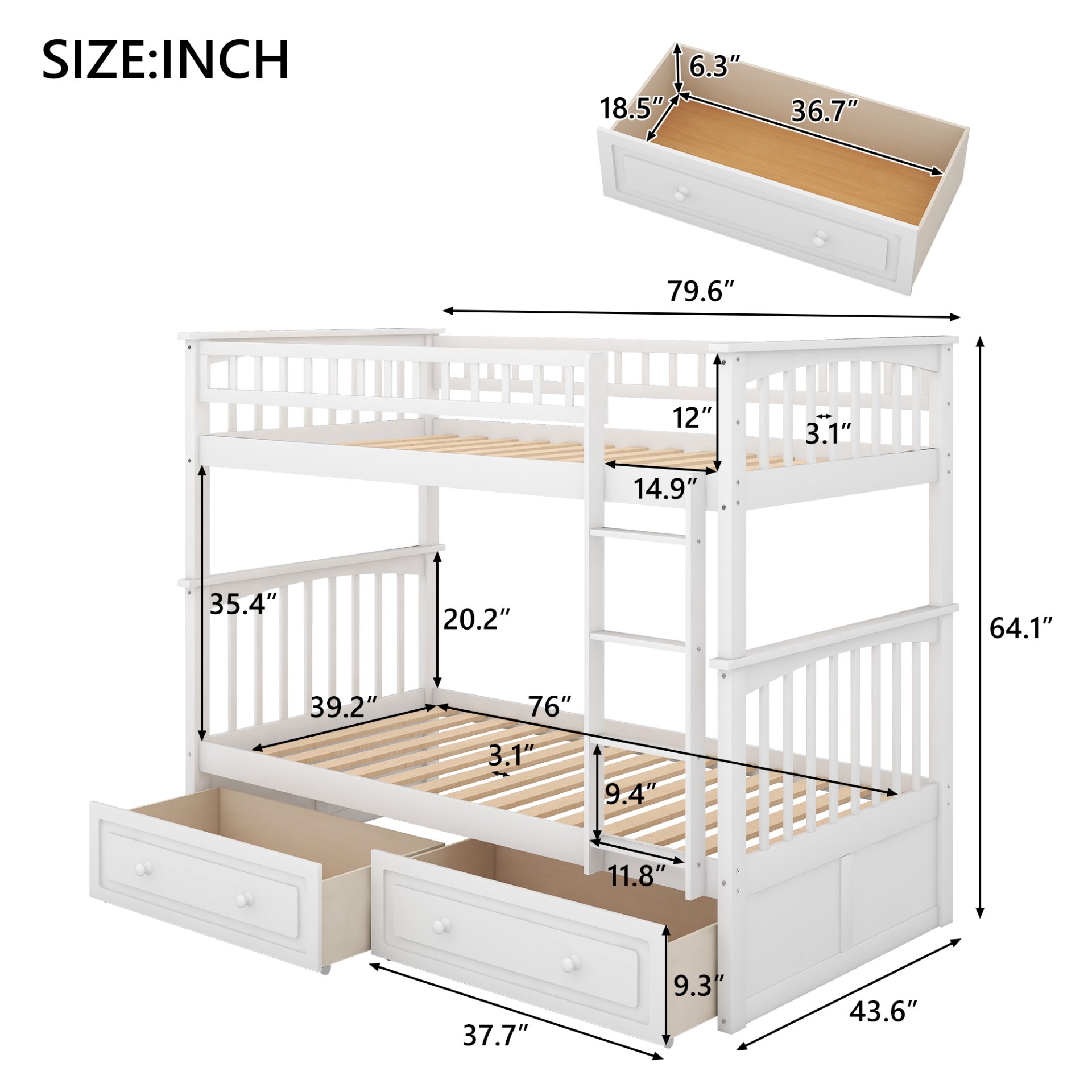 Twin Over Twin Bunk Bed With Drawers, Convertible Beds - White - Image 3
