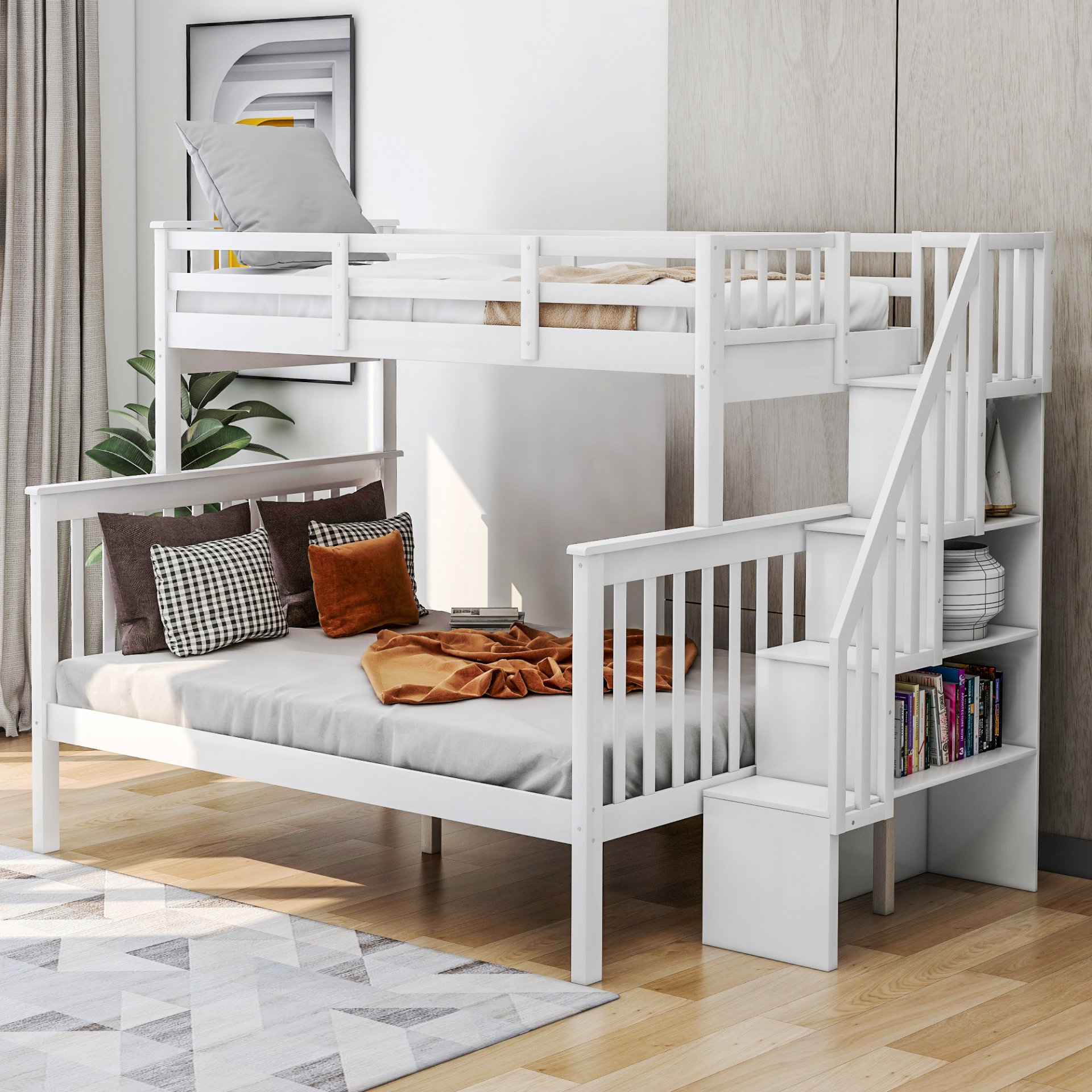 Twin Over Full Bunk Bed Stairway With Storage And Guard Rail For Bedroom - White - Image 3