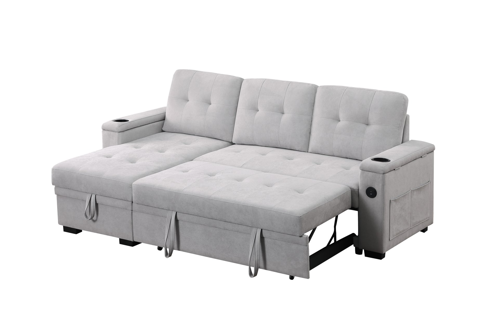 Ashlyn II - Woven Fabric Reversible Sleeper Sectional Sofa With Storage Chaise, Storage Arm, Cup Holder, Charging Ports, Side Pockets, and Pocket Coil Seating - Gray - Image 4