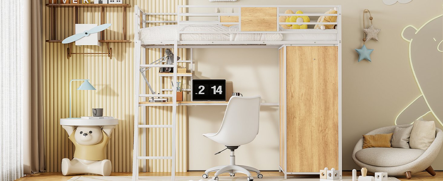 Twin Size Loft Bed With L Shape Desk And Wardrobe - White - Image 23