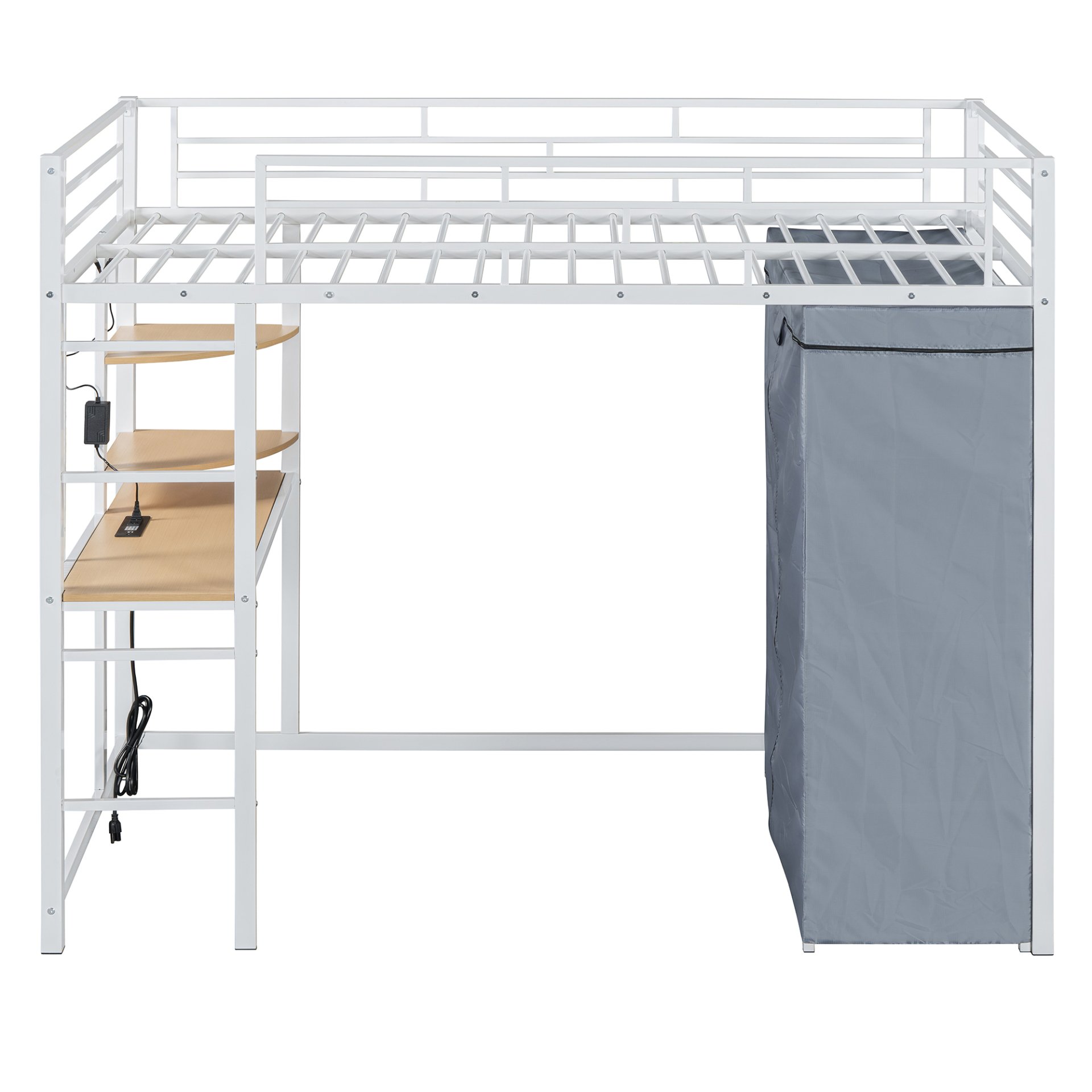 Twin Size Loft Bed With Desk, Shelves, Power Outlet, LED Light And Wardrobe - White - Image 8