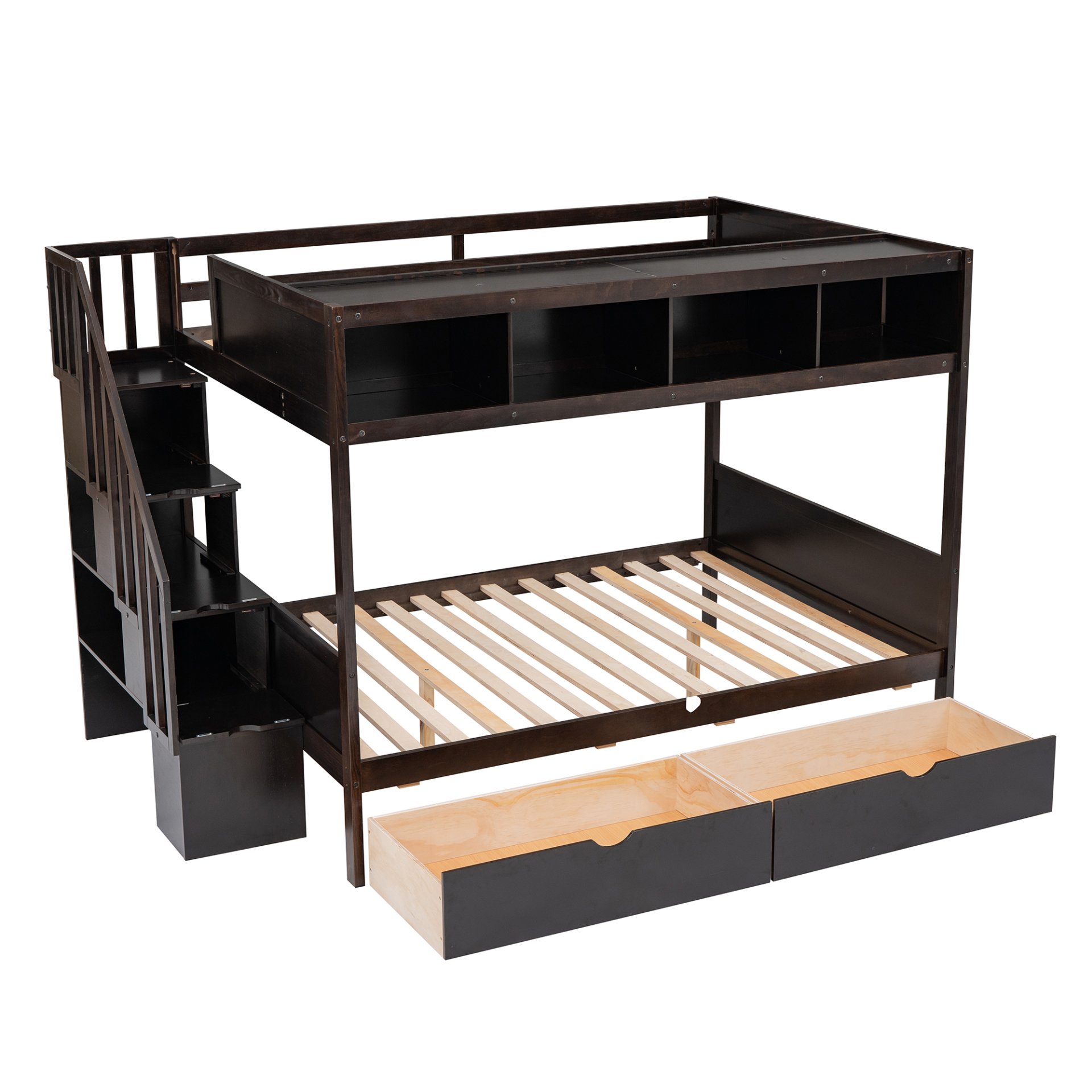 Twin Over Full Bunk Bed With Shelfs, Storage Staircase And 2 Drawers - Espresso - Image 8