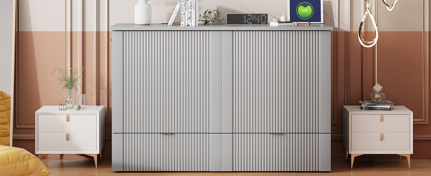 Full Size Murphy Bed With Drawer And A Set Of Sockets & USB Ports, Pulley Structure Design - Gray - Image 20