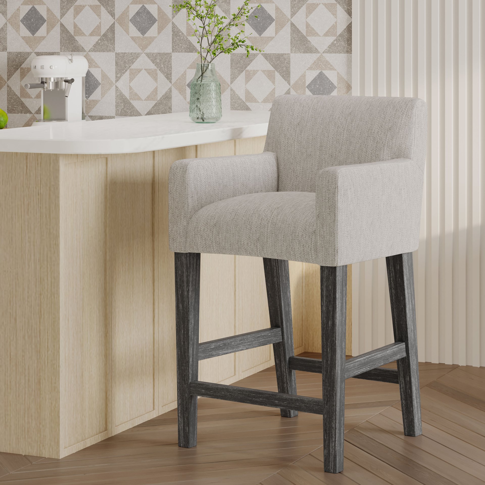 Charmed Upholstered Counter Stool With H Frame Base And Round Arms - Light Gray - Image 10