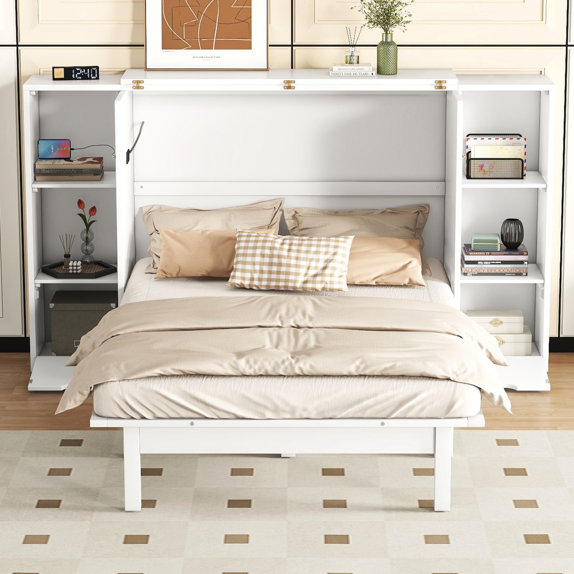 Queen Size Murphy Bed With Shelves, Drawers And USB Ports - White - Image 2
