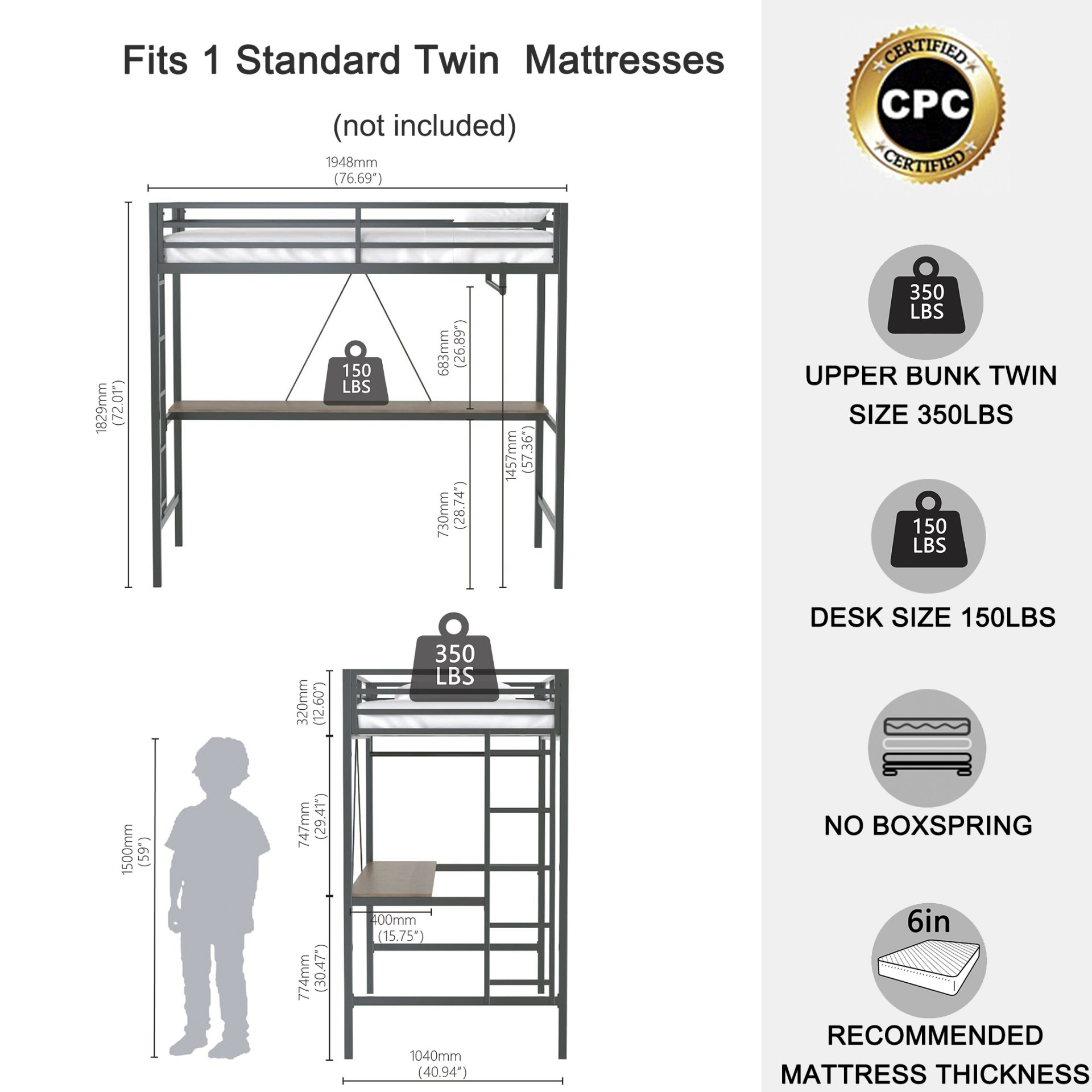 Adam - Twin Loft Bunk Bed With Cinnamon Wood Desk And Closet Rod - Black - Image 3