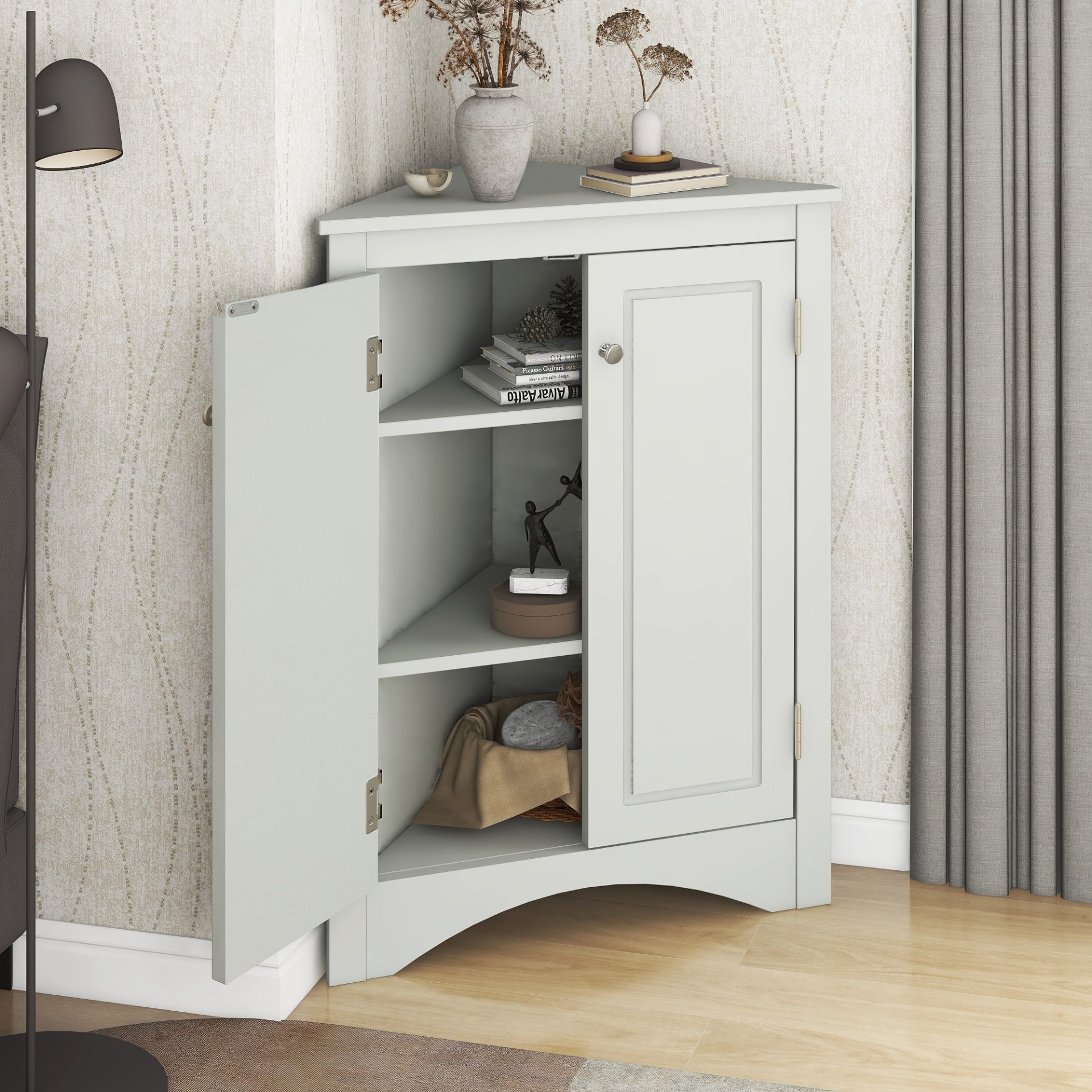 Triangle Bathroom Storage Cabinet With Adjustable Shelves, Freestanding Floor Cabinet For Home Kitchen - Gray - Image 3