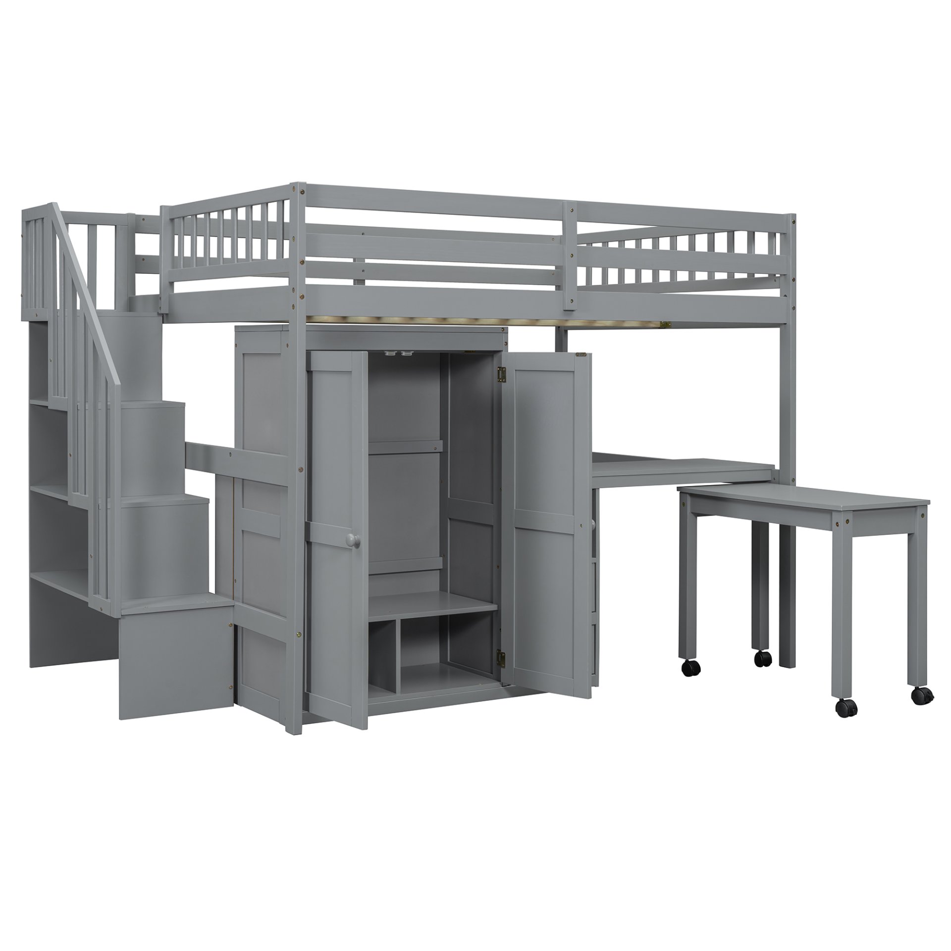 Full Size Loft Bed With Stairs, Bookshelf, Drawers, Desk & Wardrobe, Space Saving Multifunctional Furniture - Gray - Image 12
