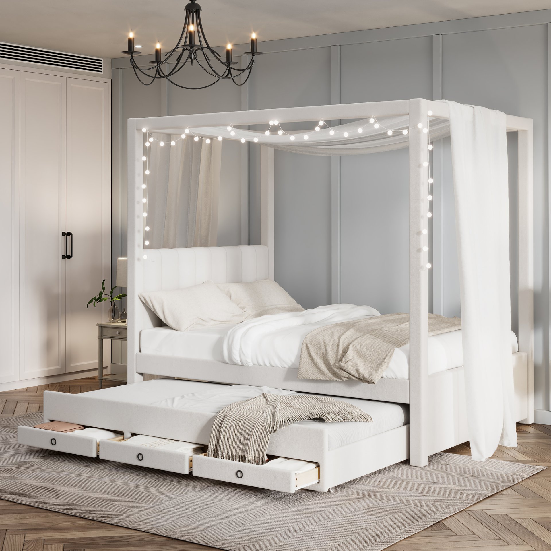Full Size Upholstery Canopy Platform Bed With Trundle And Three Storage Drawers - Beige - Image 2