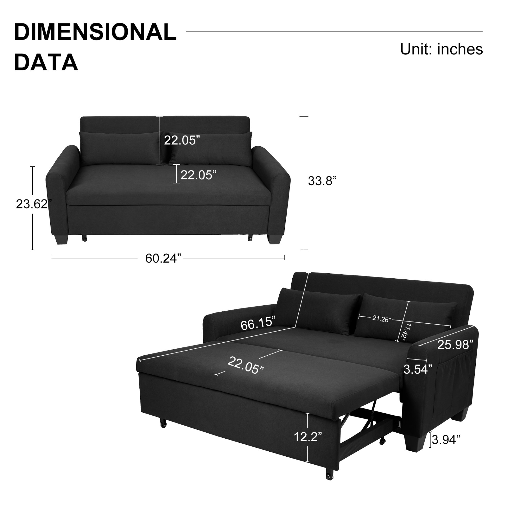 Balus - 2 In 1 Convertible Sofa Bed & Storage And Adjustable Backrest - Black - Image 3