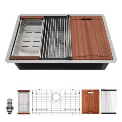 30" Undermount Kitchen Sink Single Bowl 16 Gauge T304 Ledge Workstation With 3Mm Silencer Pad - Brushed Nickel