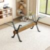 Elegant Tempered Glass Dining Table With X Shaped Metal Legs And Wood Grain Crossbeam - Black / Transparent - Image 5