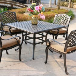 Square 4 Person 43.19" Long Aluminum Dining Set With Dupione Brown Cushions - Antique Brown