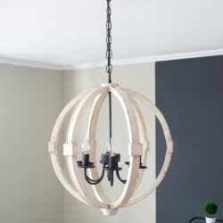6 Light Wood Chandelier, Hanging Light Fixture With Adjustable Chain For Kitchen, Bulb Not Included - White