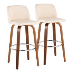 Toriano - Mid-Century Modern Fixed Height Barstool With Swivel And Round Footrest (Set of 2) - Walnut / Cream