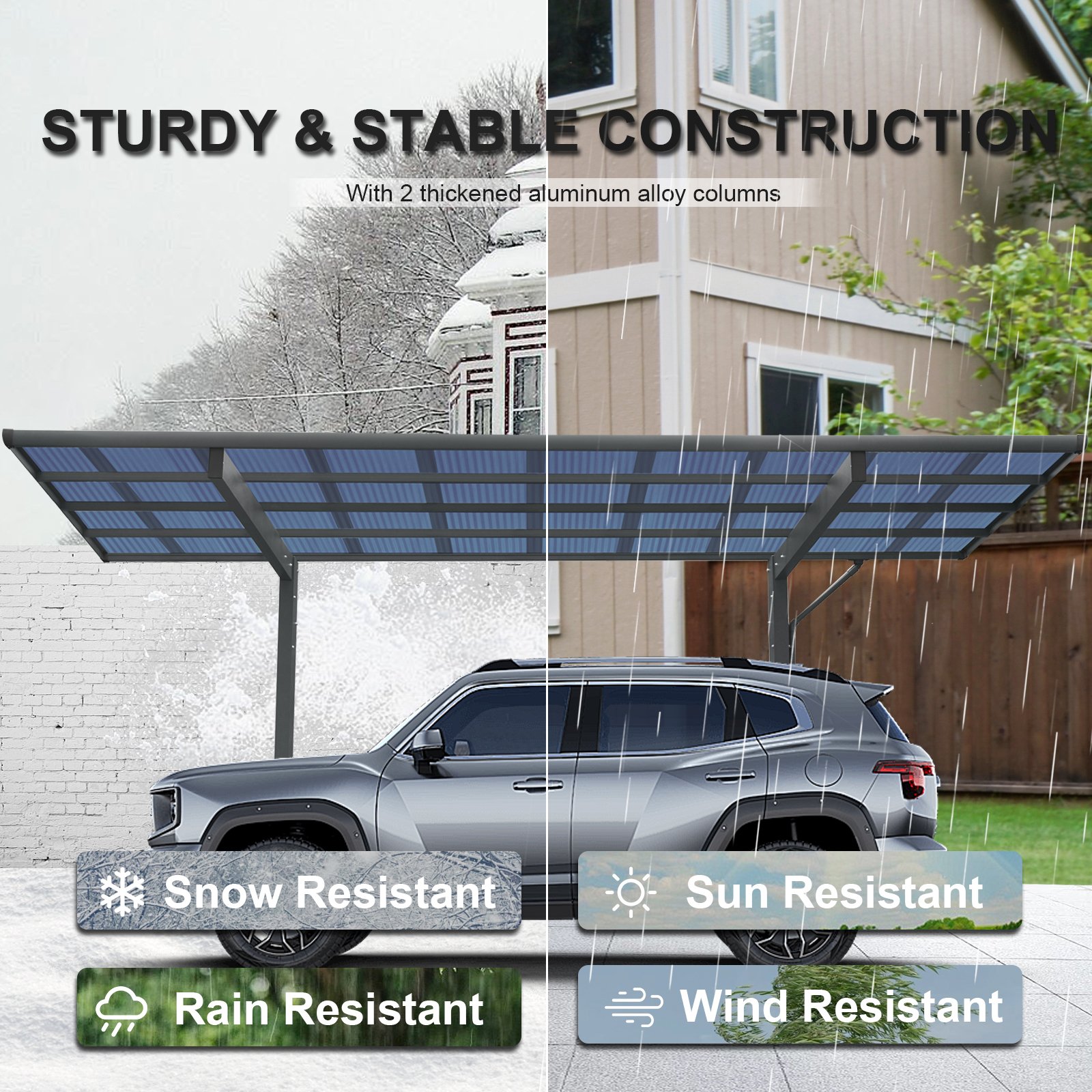 Outdoor Carport, Single Carport Aluminum Metal Frame And Polycarbonate Panels Car Port For Outdoor Driveway Car, Truck - Charcoal - Image 7