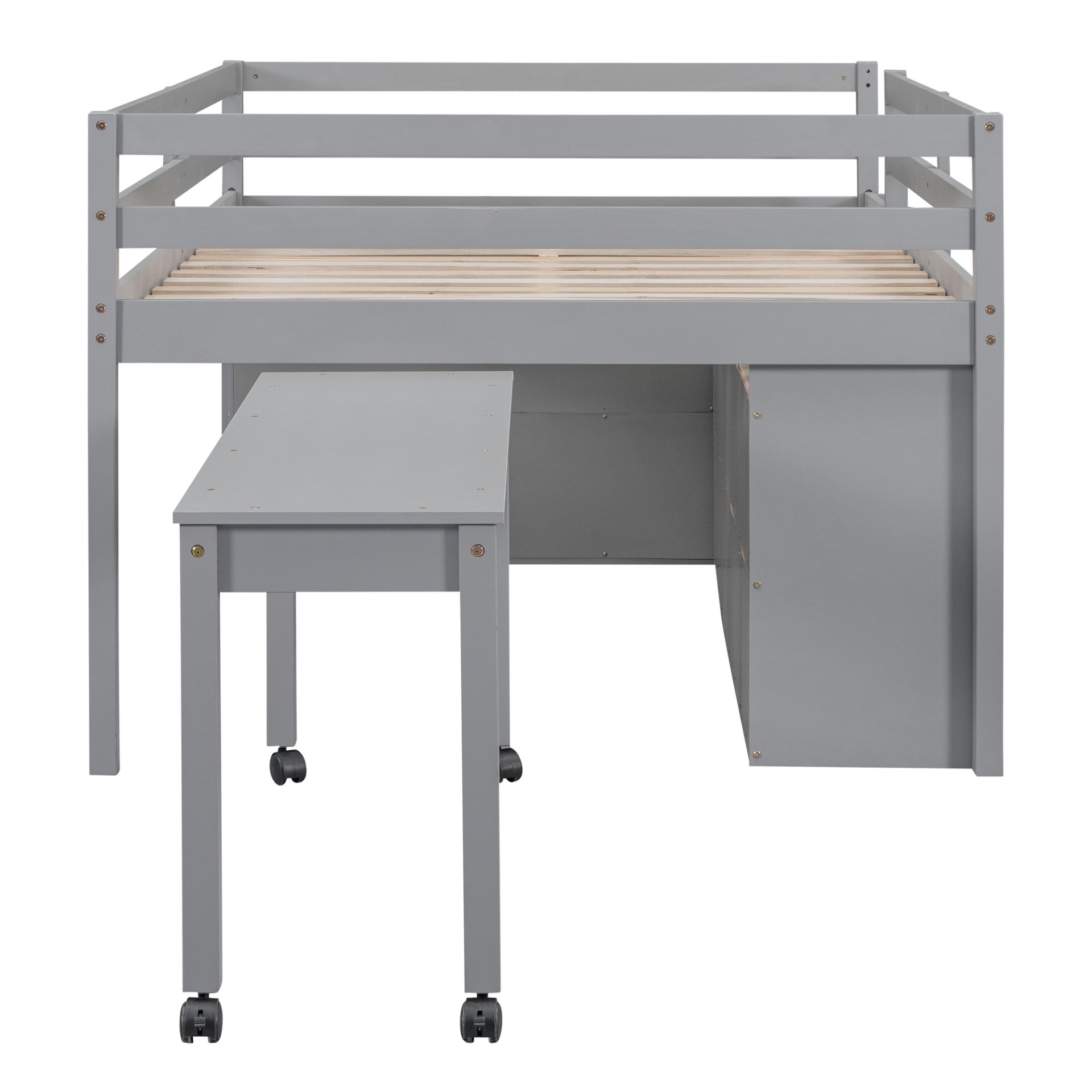 Full Size Loft Bed With Retractable Writing Desk And 4 Drawers, With Lateral Portable Desk And Shelves - Gray - Image 5