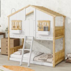 Twin Over Twin House Bunk Bed With Roof, Window, Window Box, Door, With Safety Guardrails And Ladder - Natural / White