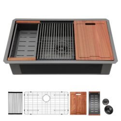 Undermount Kitchen Sink 33" 16 Gauge Ledge Workstation - Gunmetal Black