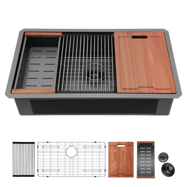 Undermount Kitchen Sink 33" 16 Gauge Ledge Workstation - Gunmetal Black