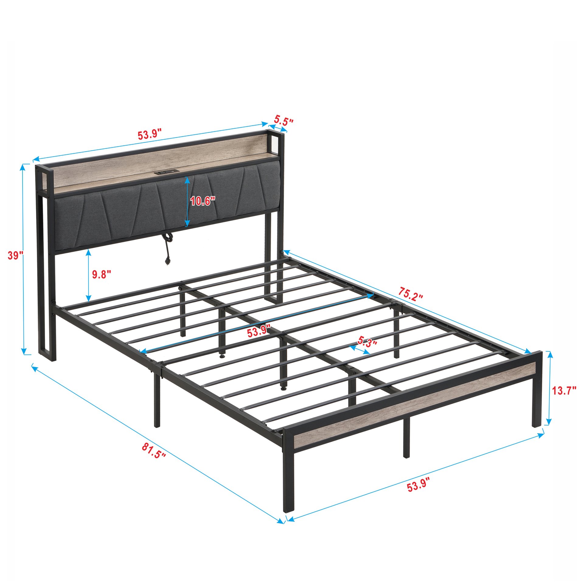 Modern Full Size Metal Platform Bed Frame With Upholstered Storage Headboard USB Ports And Footboard - Beige / Black - Image 3