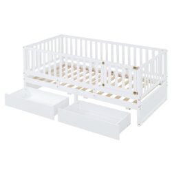Twin Size Daybed With Fence Guardrails And 2 Drawers, Split Into Independent Floor Bed & Daybed - White