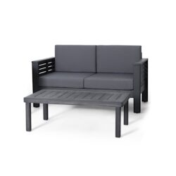Acacia Wood Outdoor Loveseat And Coffee Table Set With Cushions - Dark Gray