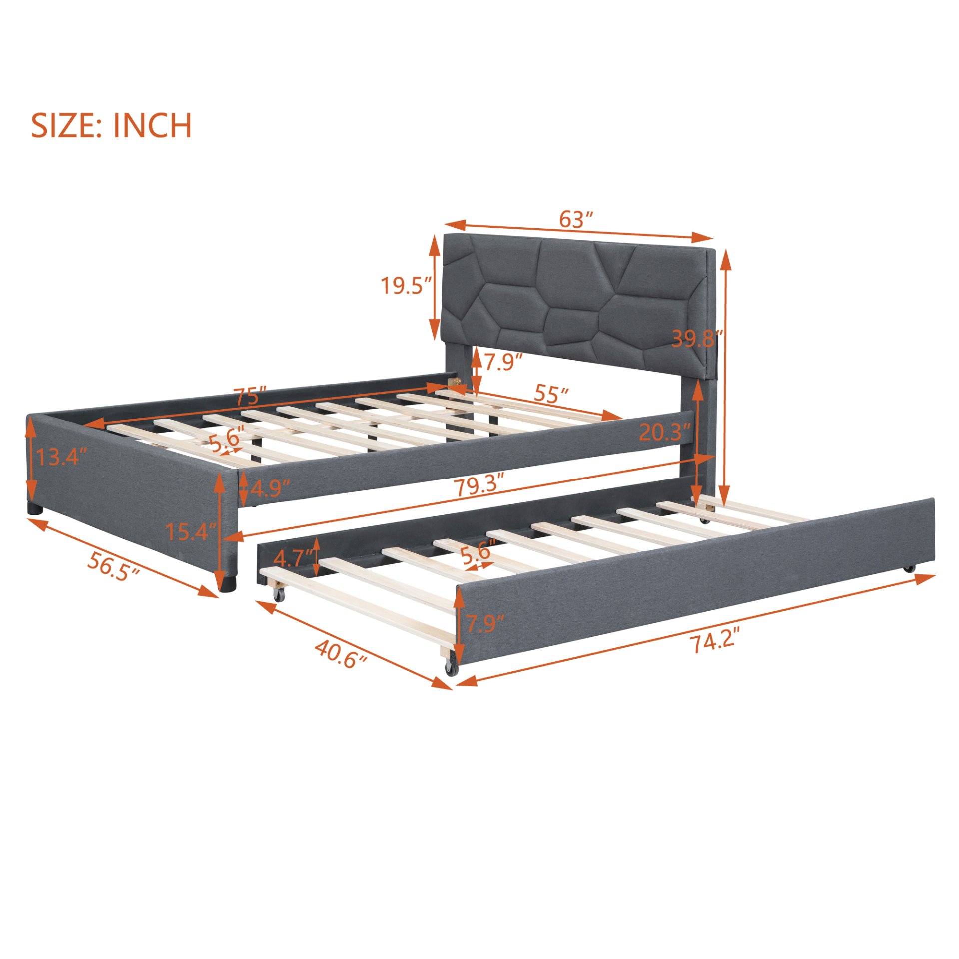 Full Size Upholstered Platform Bed With Brick Pattern Headboard And Twin Size Trundle - Gray - Image 10