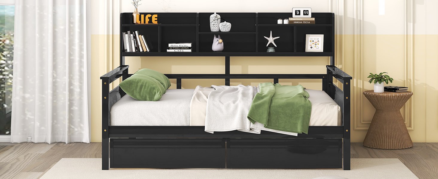 Full Size Daybed, Slat Support, With Bedside Shelf And Two Drawers - Espresso - Image 16