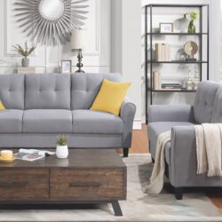 Modern Living Room Sofa Set Linen Upholstered Couch Furniture For Home Or Office - Light Gray