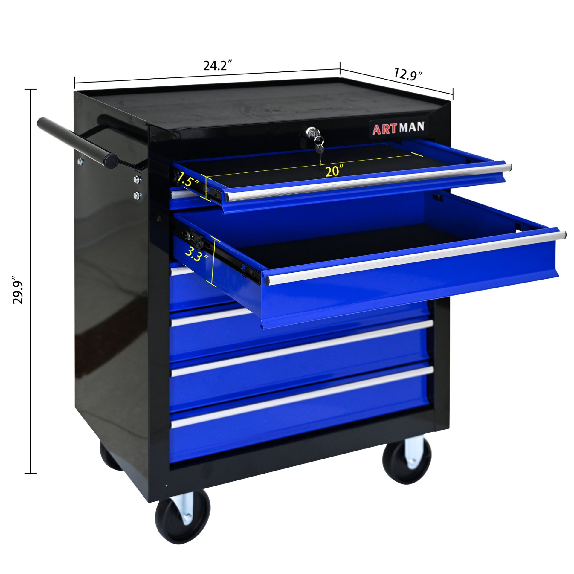 7 Drawers Multifunctional Tool Cart With Wheels - Black / Blue - Image 4