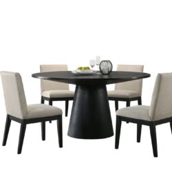 Jasper - 5 Piece Wide Contemporary Round Dining Table With Beige Fabric Chairs (Set of 5) - Black