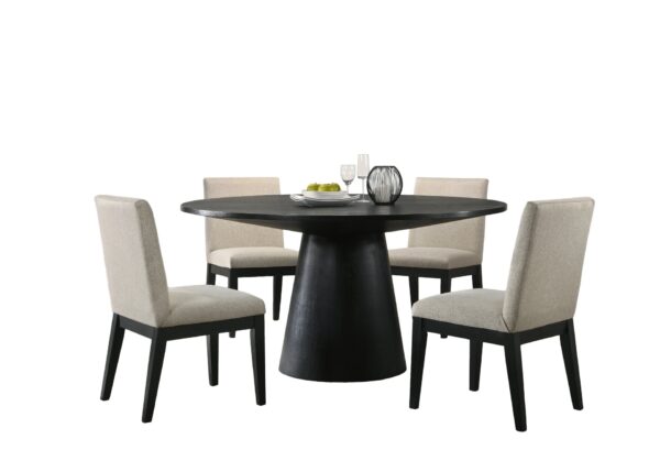 Jasper - 5 Piece Wide Contemporary Round Dining Table With Beige Fabric Chairs (Set of 5) - Black