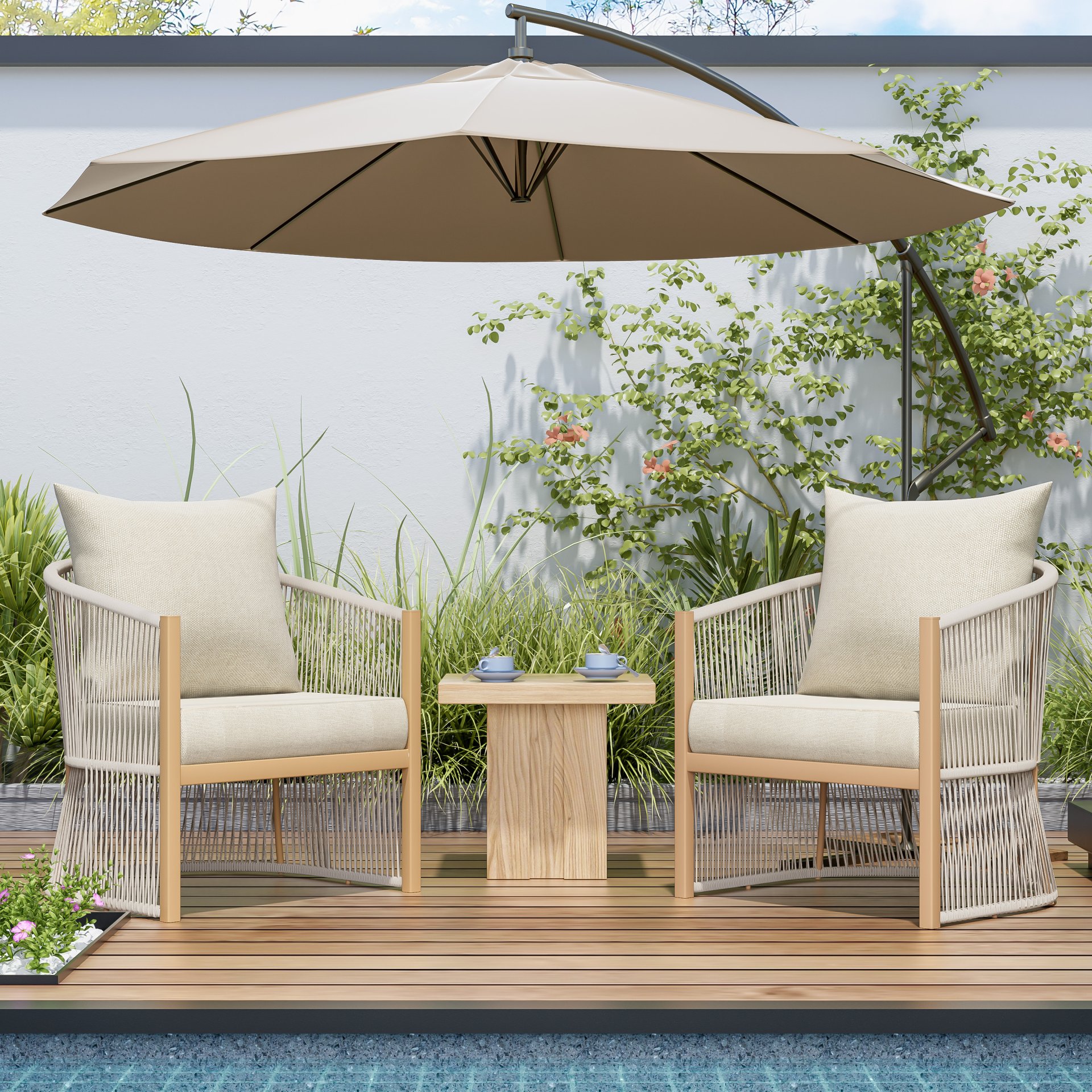 Modern Curved Aluminum Lounge Chair With Stylish Rope Weave Design And Cushioned Comfort - Beige / Natural - Image 15