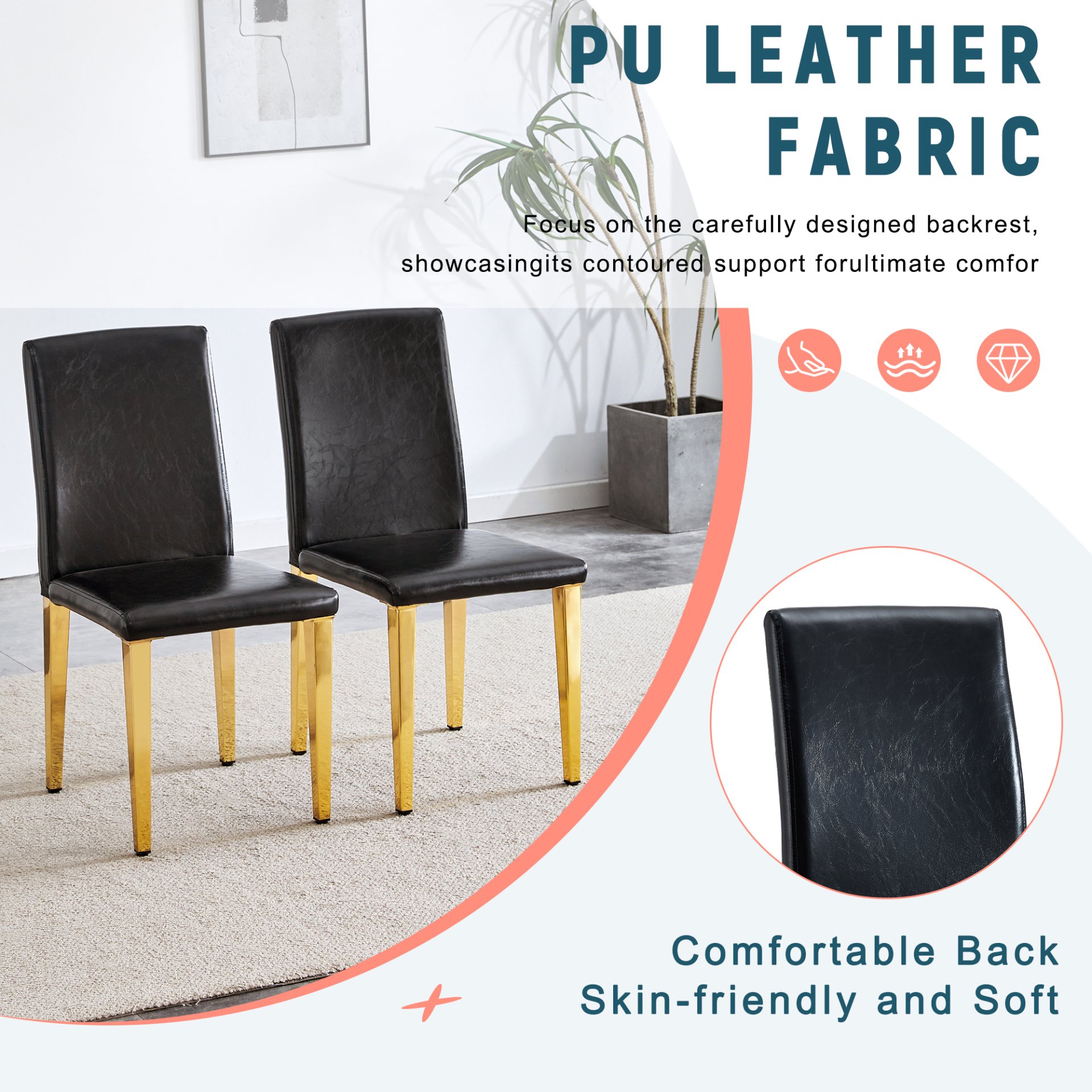 (Set of 4) Backrest Chairs With Gold Metal Legs A Perfect Pairing, Ideal For Minimalist And Modern Home Decor Styles - Black / Gold - Image 6