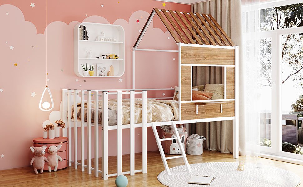 Twin Size Loft Bed With Roof, Window, Guardrail, Ladder - White - Image 3