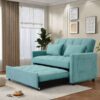 Velvet Two Seater Pull Out Sofa Bed, Adjustable Backrest With Three USB Ports, Two Side Pockets, 3 In 1 Convertible Sleeper Sofa Bed, Modern Love Seat Lounge Sofa For Living Room - Light Blue - Image 2