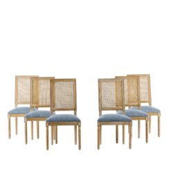 Vintage Inspired (Set of 6) French Country Dining Chairs With Cane Backrest & Upholstered Seats - Rustic Weathered