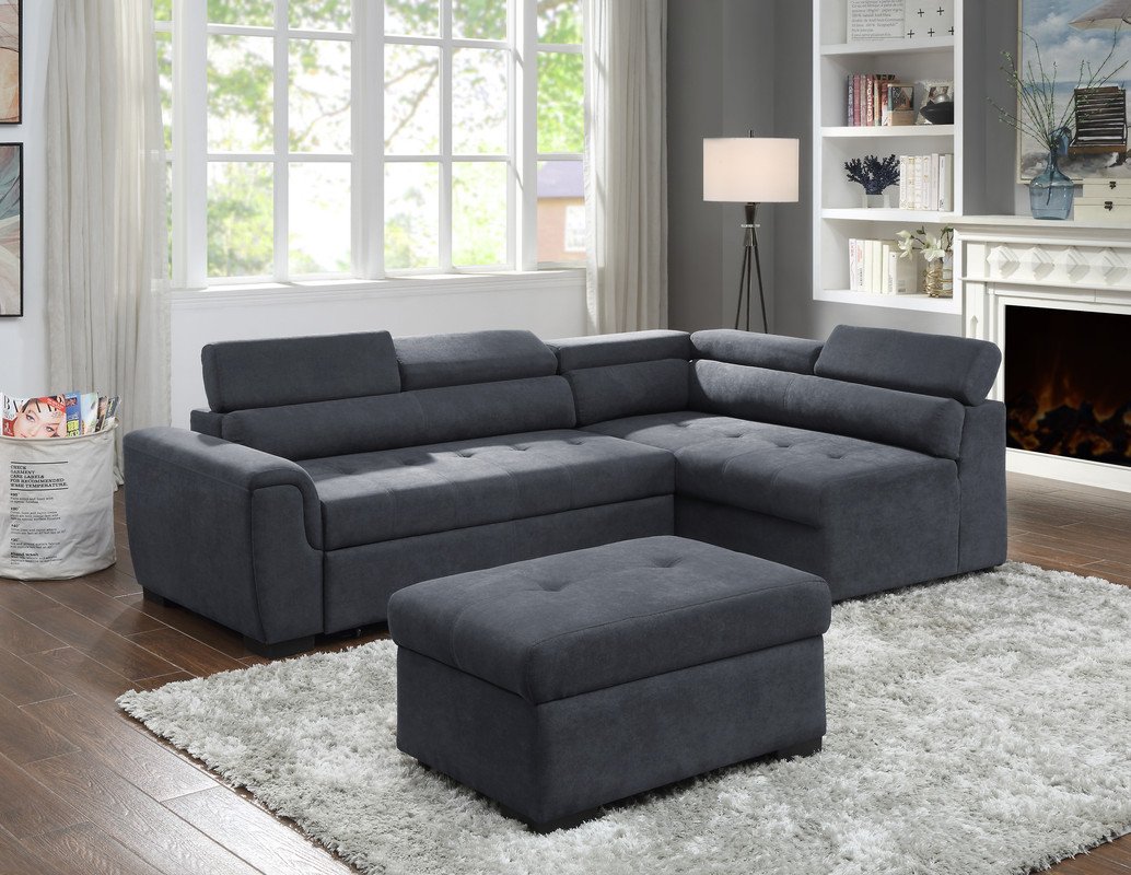 Haris - Fabric Sleeper Sofa Sectional With Adjustable Headrest And Storage Ottoman - Dark Gray - Image 2