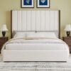 Tall Headboard Upholstered King Size Bed With Vertical Striped And Wingback Design, Box Spring Needed, Linen - Beige - Image 4