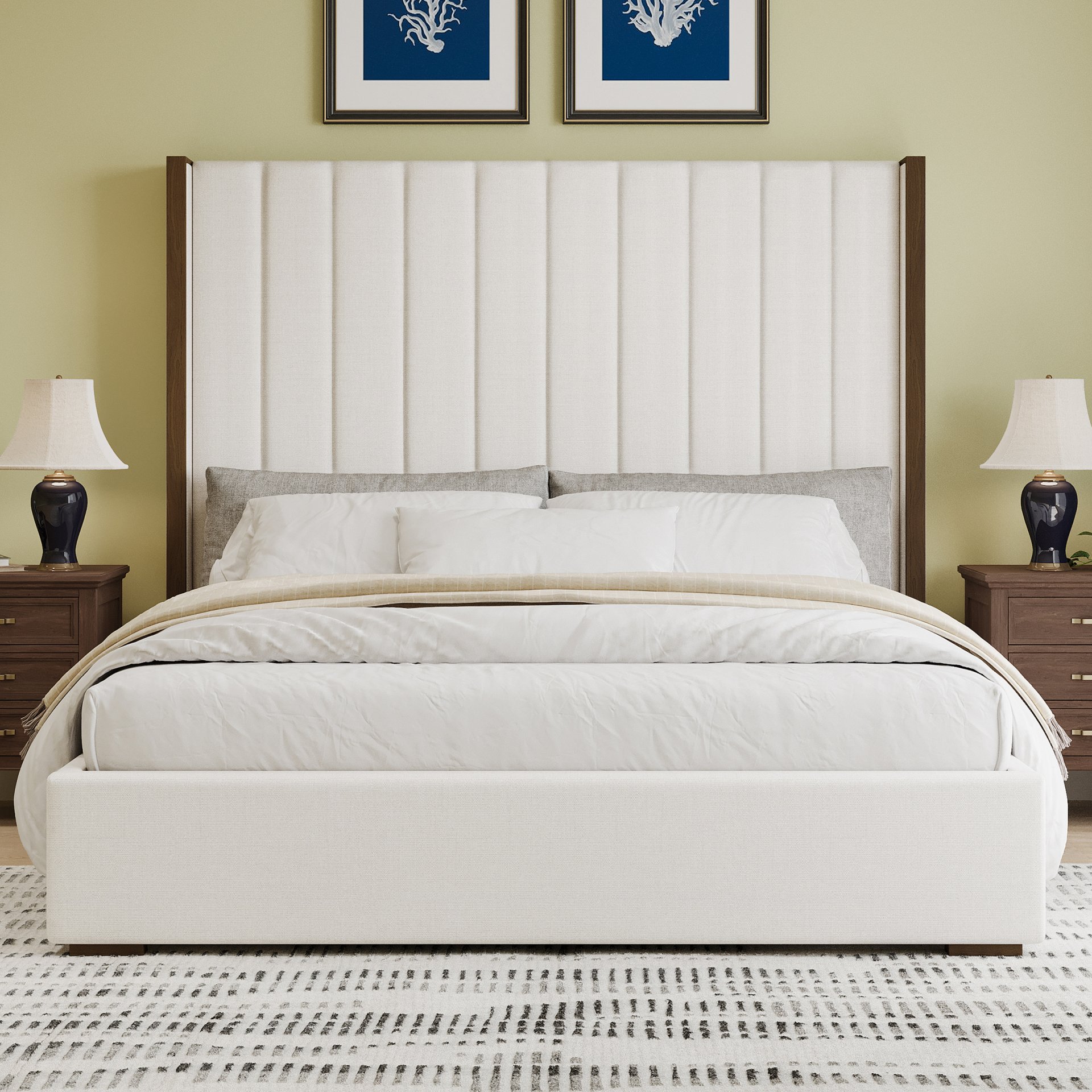 Tall Headboard Upholstered King Size Bed With Vertical Striped And Wingback Design, Box Spring Needed, Linen - Beige - Image 4