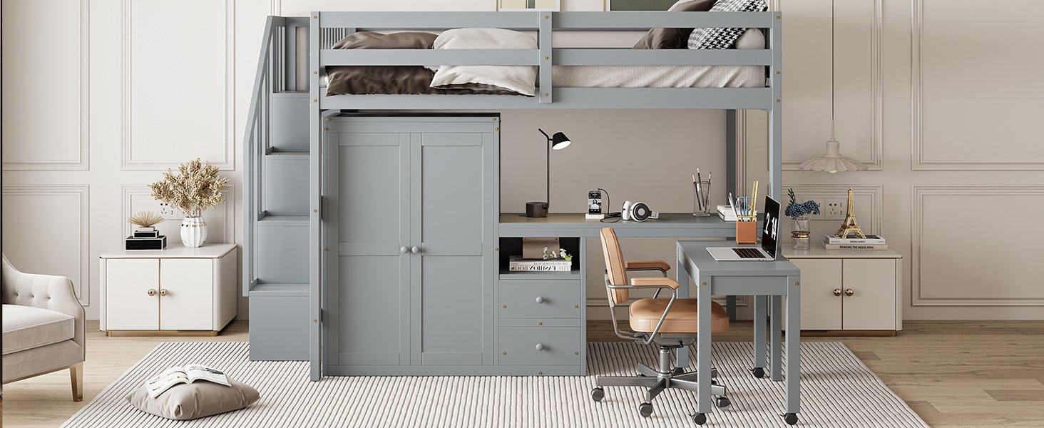Full Size Loft Bed With Stairs, Bookshelf, Drawers, Desk & Wardrobe, Space Saving Multifunctional Furniture - Gray - Image 20