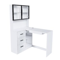 L Shaped Computer Desk With Glass Cabinets, Built In LED Lights, USB Charging Ports, And Keyboard Tray - White