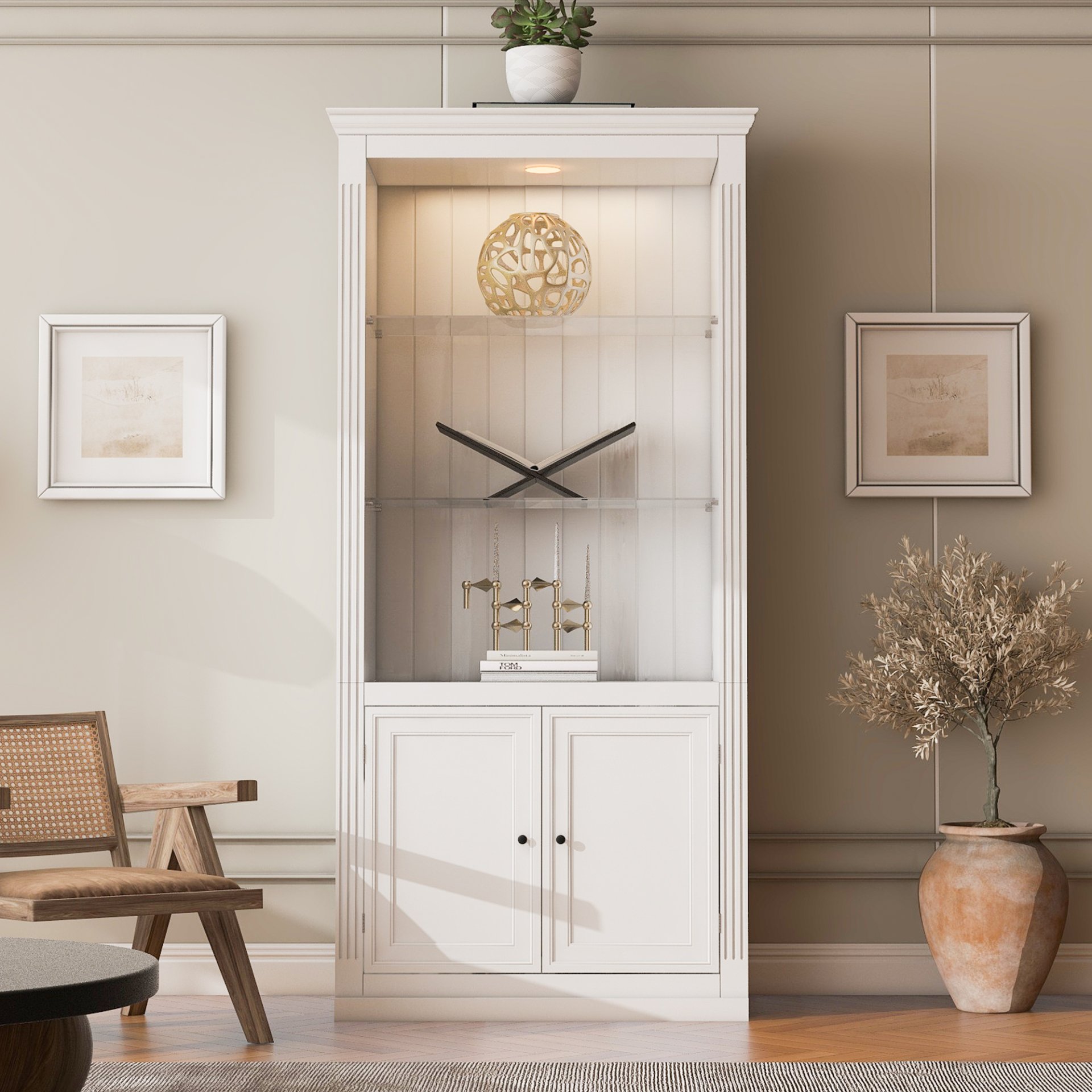 Retro Style Display Bookcase With Adjustable LED Ceiling Light And Tempered Glass Shelves - White - Image 4