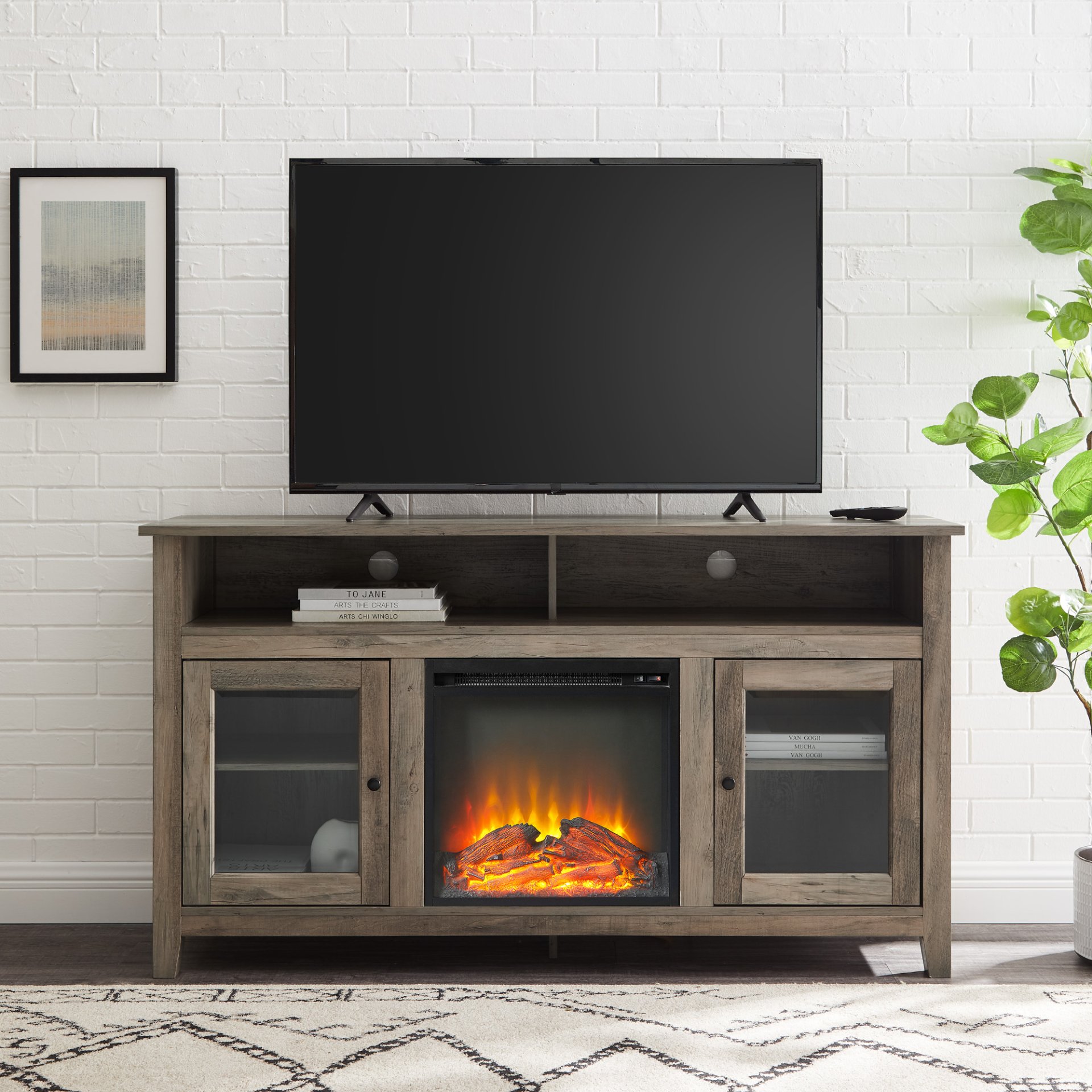 Transitional Electric Fireplace Wood And Glass TV Stand For TVs Up To 65" - Gray Wash - Image 3