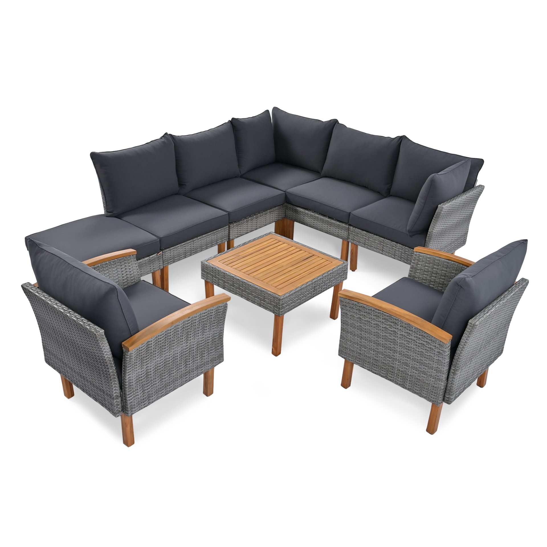9 Piece Patio Rattan Furniture Set, Outdoor Conversation Set With Acacia Wood Legs And Tabletop, PE Rattan Sectional Sofa Set With Coffee Table, Washable Cushion - Gray - Image 7