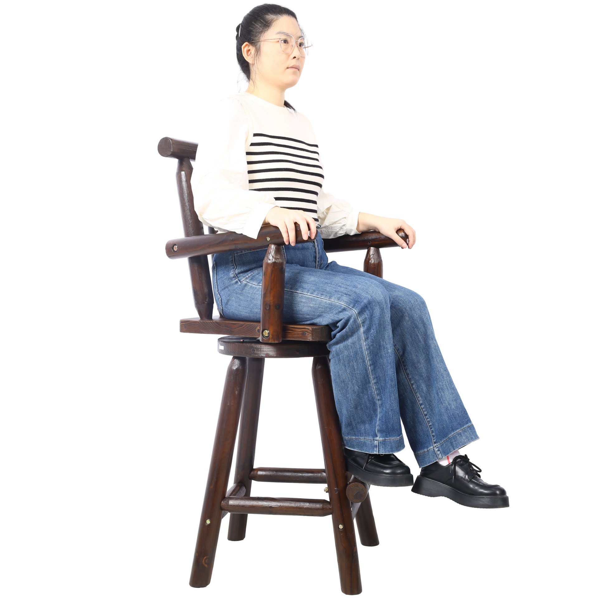 Rustic Bar Stool Fir Wood Construction, Chair With Footrest, Wide Armrest, Rustic Kitchen Stool, Tall Bistro Chair For Dining Room, Restaurant, Pub, 4 Foot - Brown - Image 20