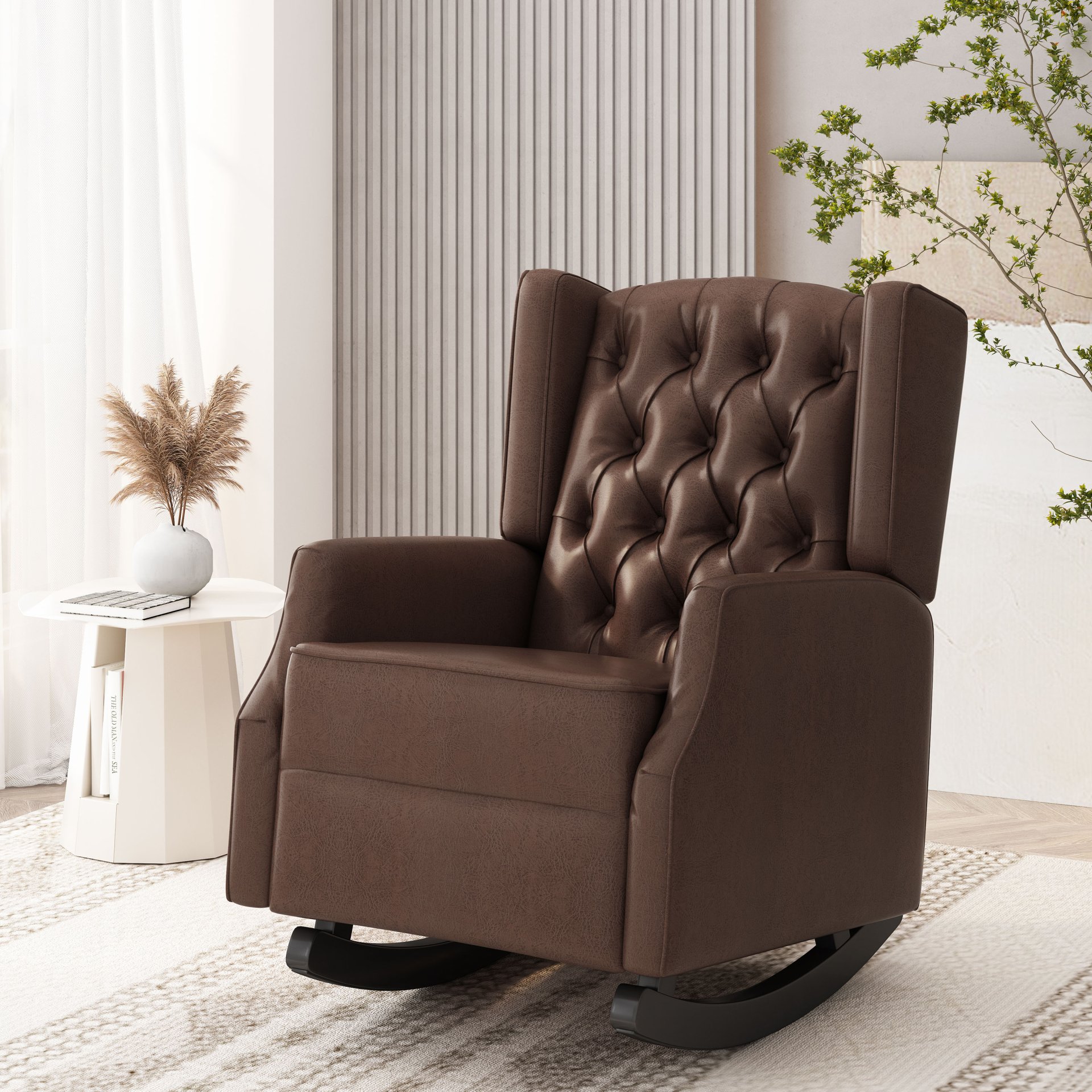 Amedou - Contemporary Tufted Wingback Rocking Chair - Dark Brown - Image 4