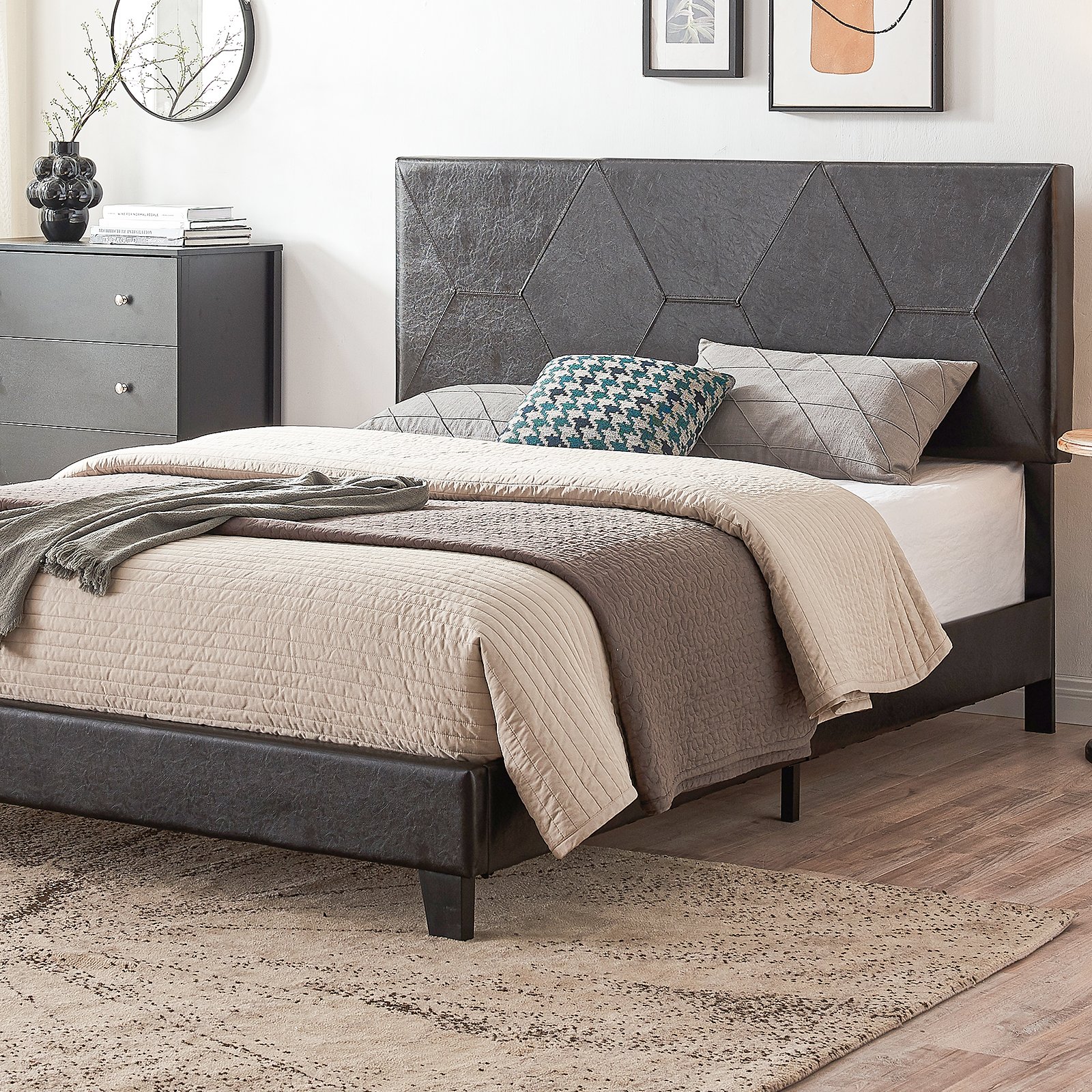 Queen Size Upholstered Platform Bed Frame, Wood Slat Support - Black - Image 3